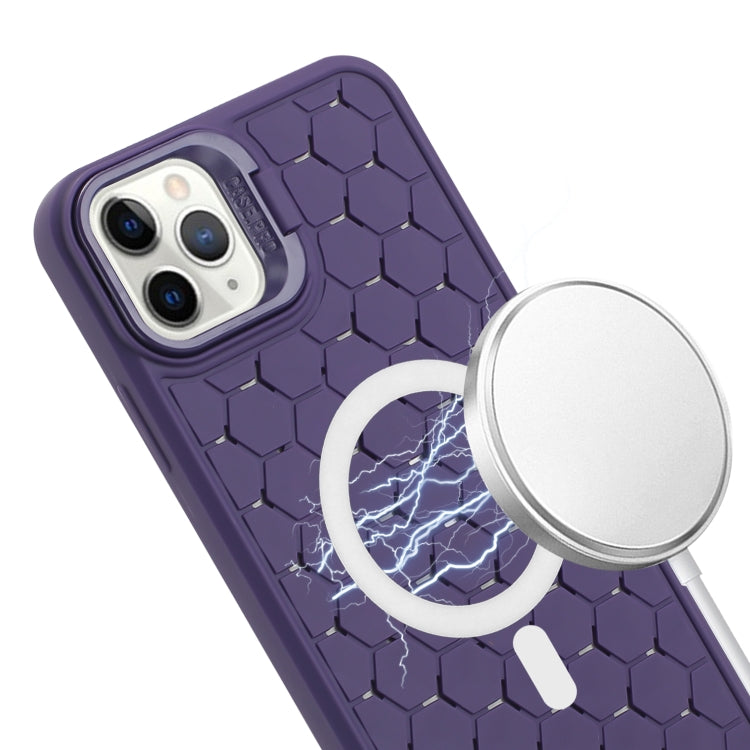 For iPhone 15 Pro Honeycomb Radiating Lens Holder Magsafe Phone Case with Lanyard(Purple) - HoMEdemic™ 