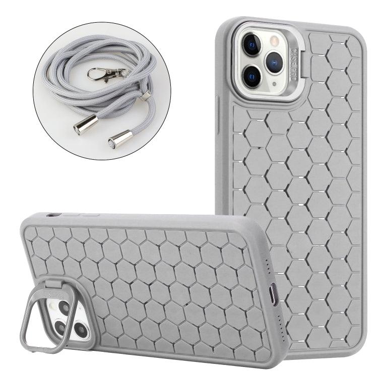For iPhone 15 Pro Honeycomb Radiating Lens Holder Magsafe Phone Case with Lanyard(Grey) - HoMEdemic™ 