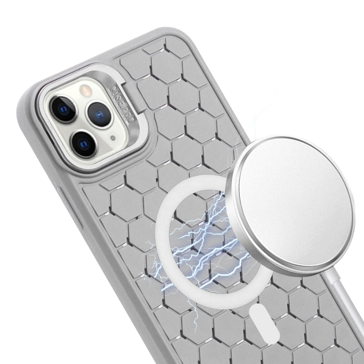 For iPhone 15 Pro Honeycomb Radiating Lens Holder Magsafe Phone Case with Lanyard(Grey) - HoMEdemic™ 