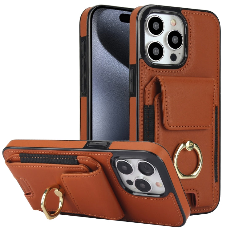 For iPhone 15 Pro Elastic Card Bag Ring Holder Phone Case(Brown) - HoMEdemic™ 