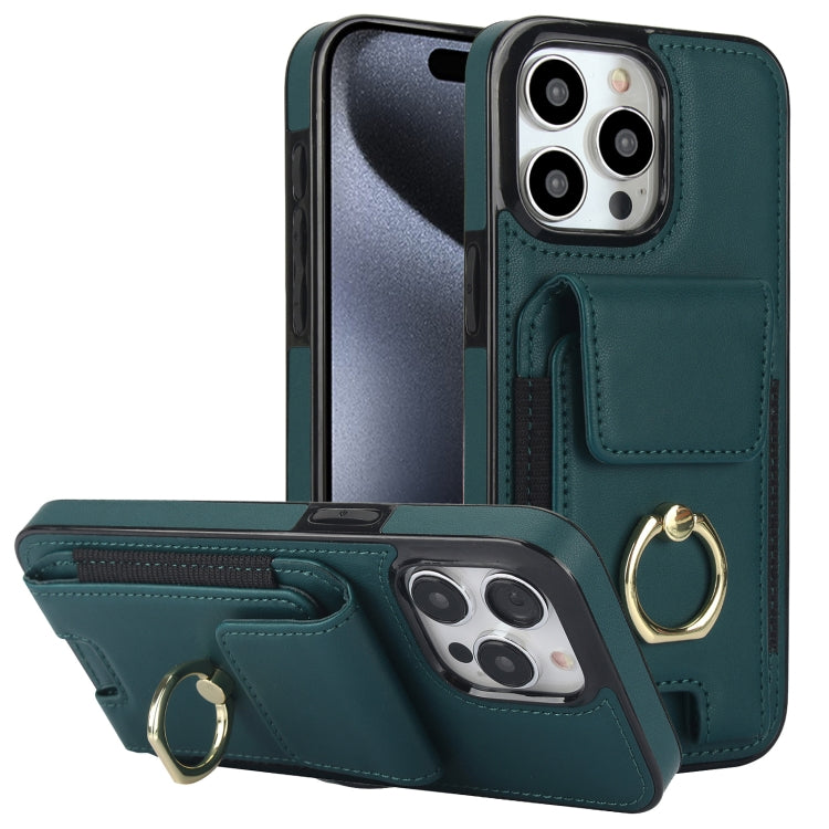 For iPhone 15 Pro Elastic Card Bag Ring Holder Phone Case(Dark Green) - HoMEdemic™ 