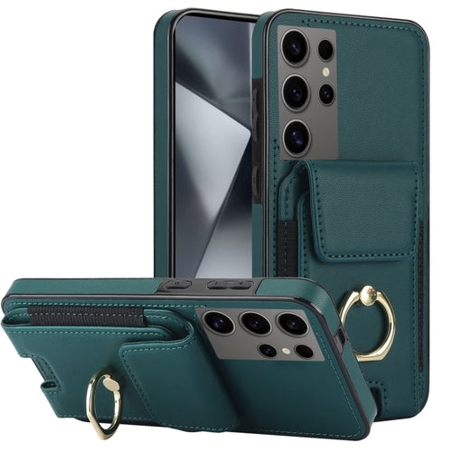 For Samsung Galaxy S24 Ultra 5G Elastic Card Bag Ring Holder Phone Case(Dark Green) - HoMEdemic™ 