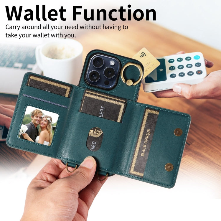 For iPhone 15 Pro Crossbodys Card Bag Ring Holder Leather Phone Case(Green) - HoMEdemic™ 