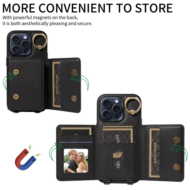 For iPhone 15 Pro Crossbodys Card Bag Ring Holder Leather Phone Case(Black) - HoMEdemic™ 