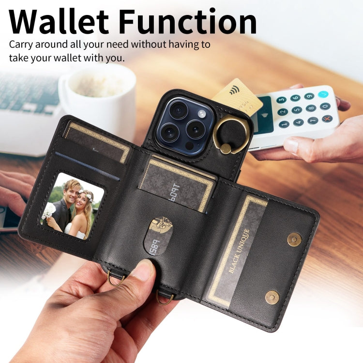 For iPhone 15 Pro Crossbodys Card Bag Ring Holder Leather Phone Case(Black) - HoMEdemic™ 