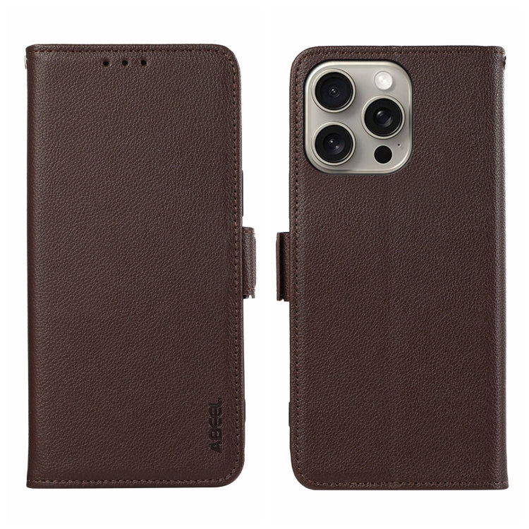 For iPhone 15 Pro ABEEL Side-Magnetic Litchi Pattern Leather RFID Phone Case(Brown) - HoMEdemic™ 