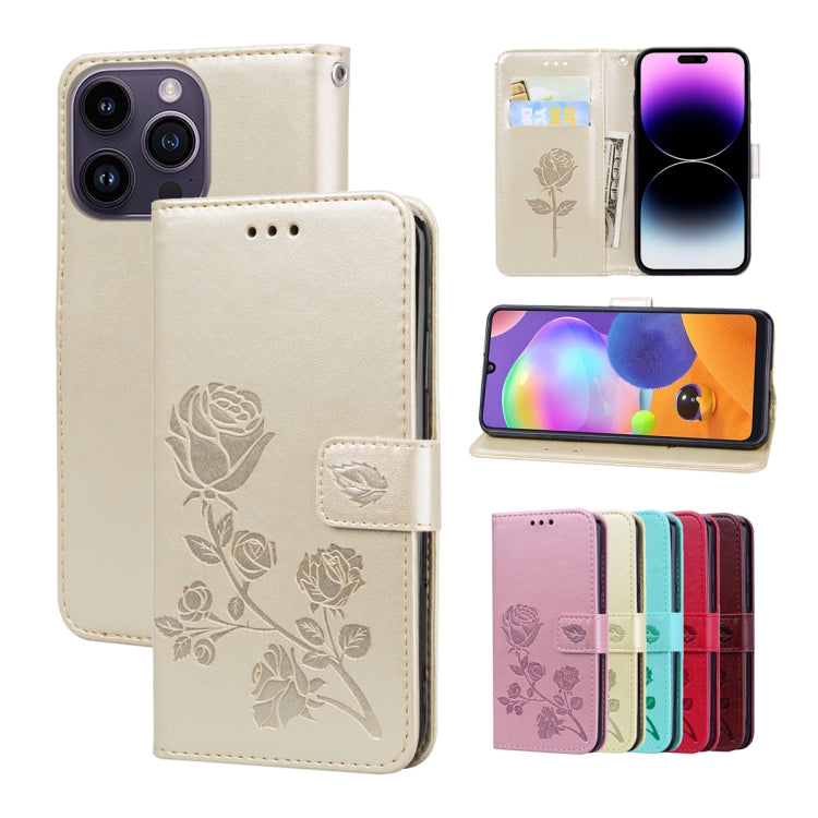 For iPhone 15 Pro Rose Embossed Flip PU Leather Phone Case(Gold) - HoMEdemic™ 