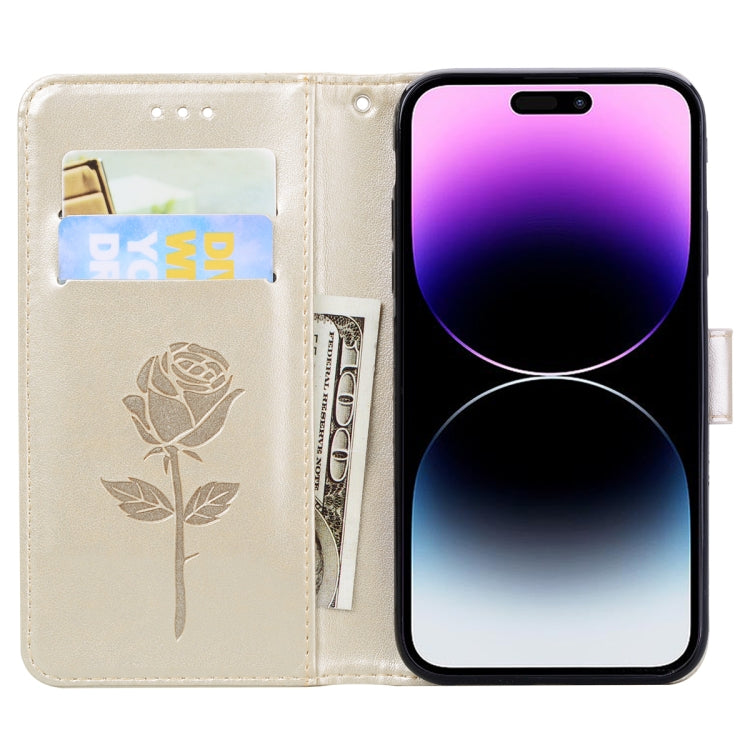 For iPhone 15 Pro Rose Embossed Flip PU Leather Phone Case(Gold) - HoMEdemic™ 