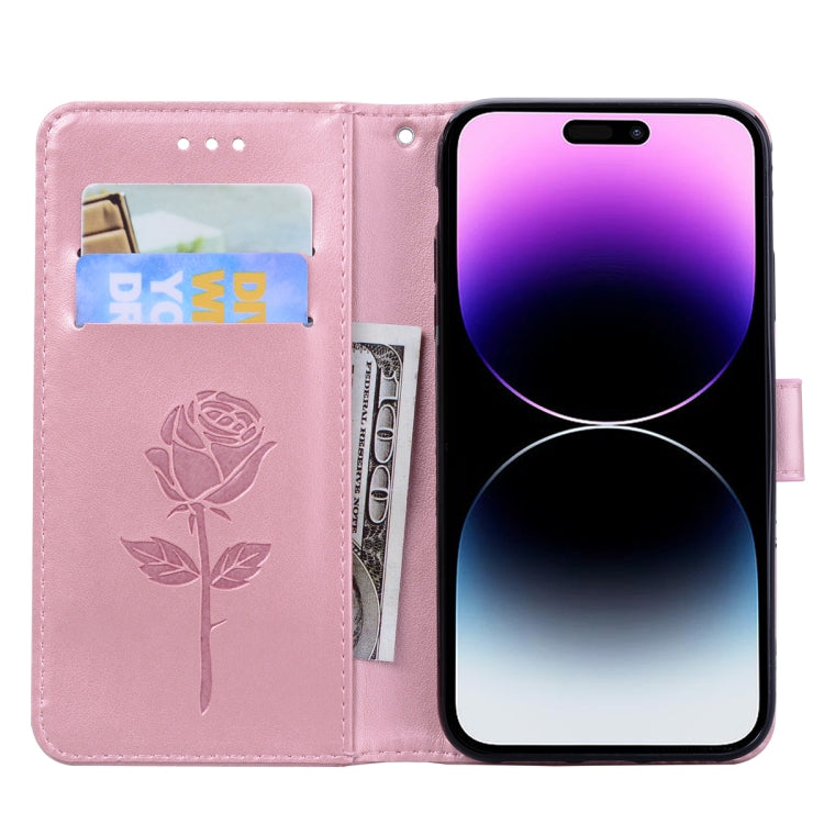 For iPhone 15 Pro Rose Embossed Flip PU Leather Phone Case(Rose Gold) - HoMEdemic™ 