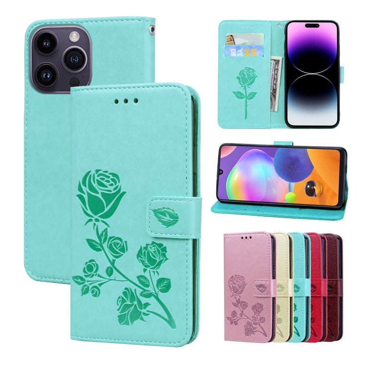 For iPhone 15 Pro Max Rose Embossed Flip PU Leather Phone Case(Green) - HoMEdemic™ 