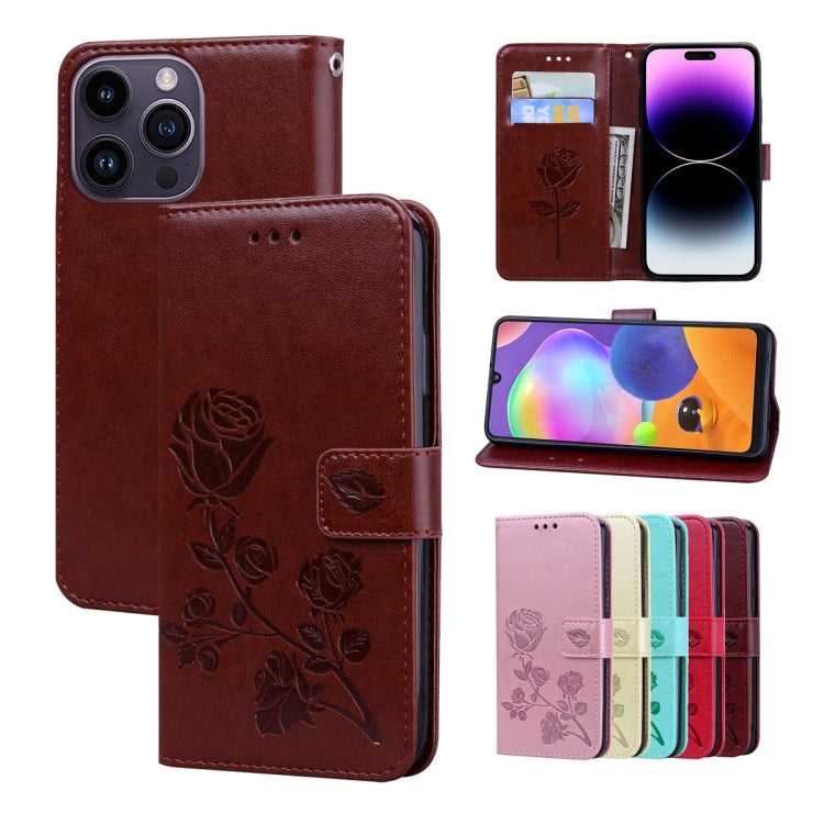 For iPhone 15 Pro Max Rose Embossed Flip PU Leather Phone Case(Brown) - HoMEdemic™ 