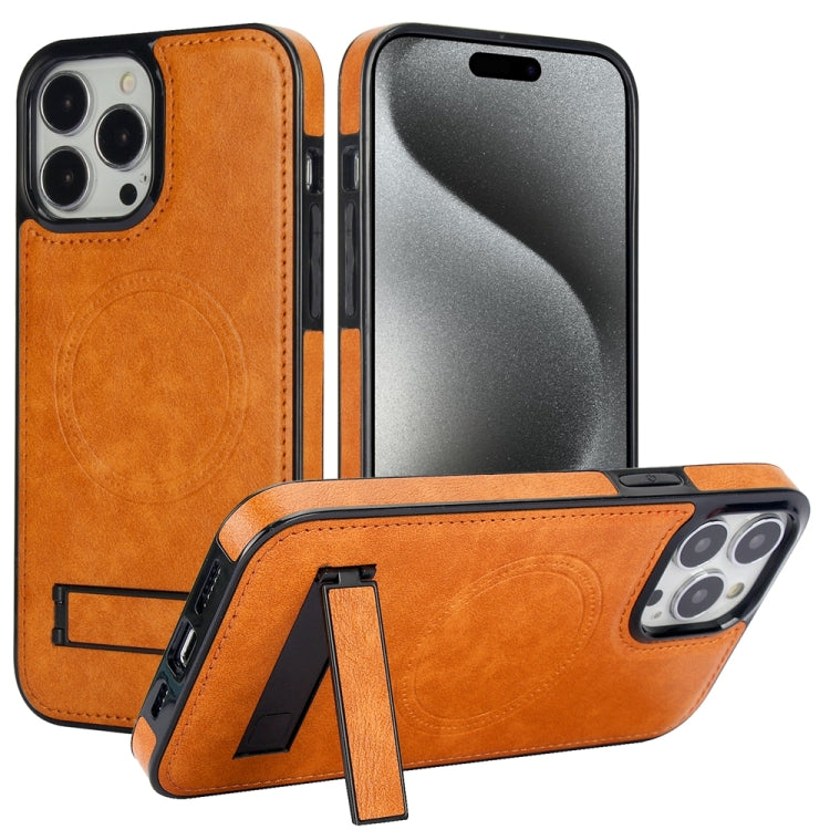 For iPhone 15 Pro Retro Leather Invisible Stand MagSafe Phone Case(Yellow) - HoMEdemic™ 