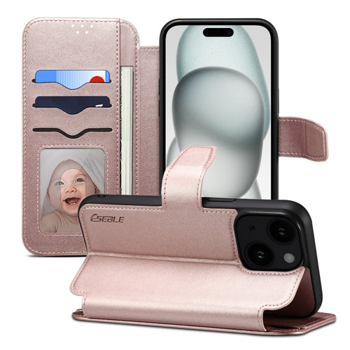 For iPhone 15 ESEBLE E1 Nappa Texture MagSafe Holder Leather Phone Case(Rose Gold) - HoMEdemic™ 