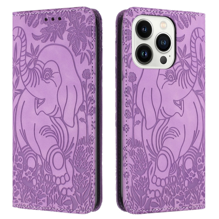 For iPhone 15 Pro Retro Elephant Embossed Leather Phone Case(Purple) - HoMEdemic™ 