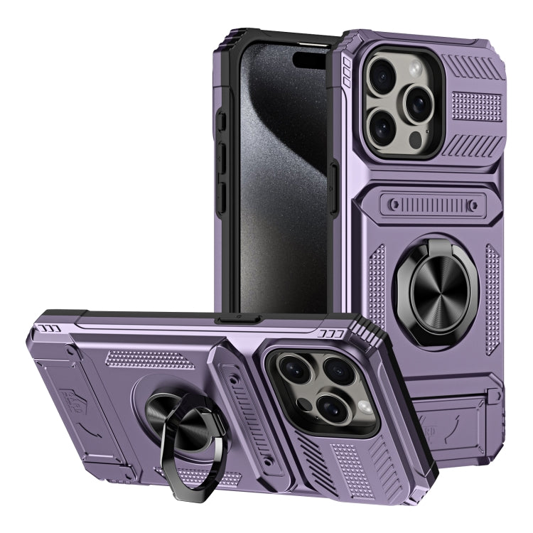 For iPhone 15 Pro TPU+PC Shockproof Card Phone Case with Metal Ring Holder(Purple) - HoMEdemic™ 