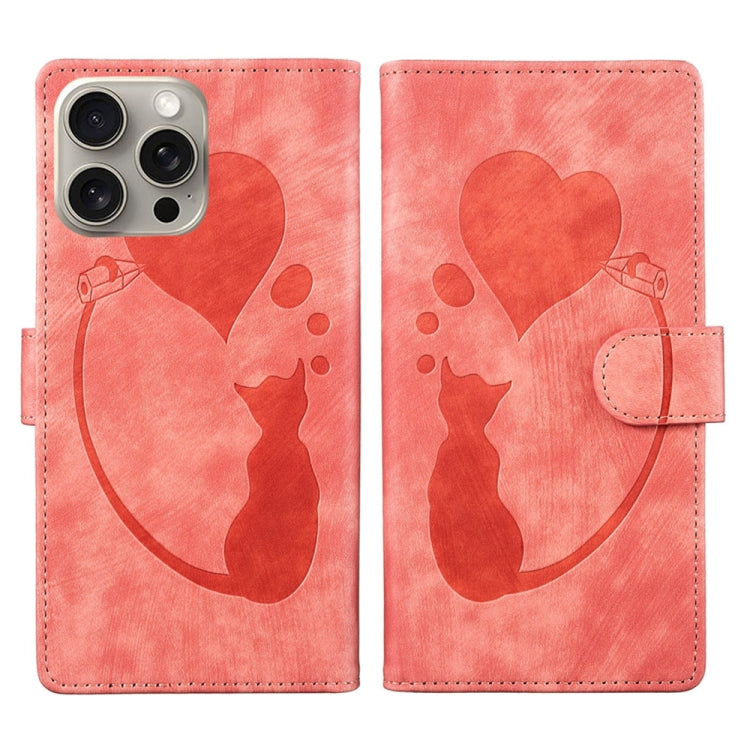 For iPhone 15 Pro Pen Heart Cat Embossed Leather Phone Case(Orange) - HoMEdemic™ 