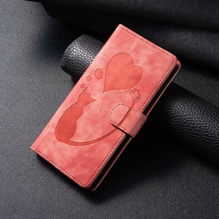 For iPhone 15 Pro Pen Heart Cat Embossed Leather Phone Case(Orange) - HoMEdemic™ 
