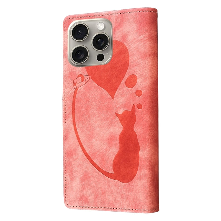 For iPhone 15 Pro Pen Heart Cat Embossed Leather Phone Case(Orange) - HoMEdemic™ 
