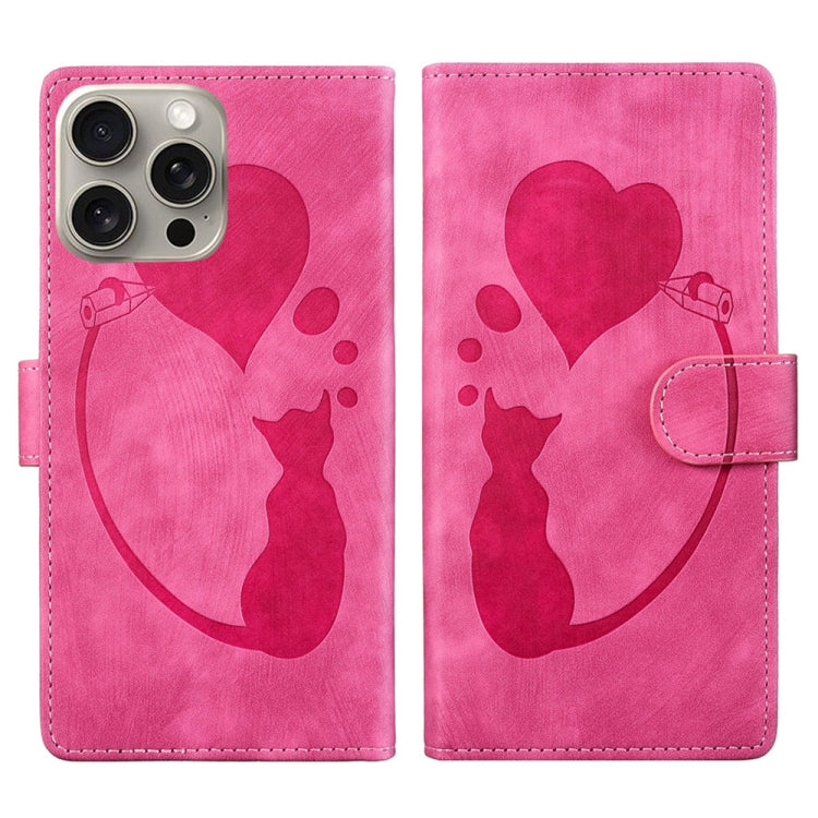 For iPhone 15 Pro Pen Heart Cat Embossed Leather Phone Case(Pink) - HoMEdemic™ 
