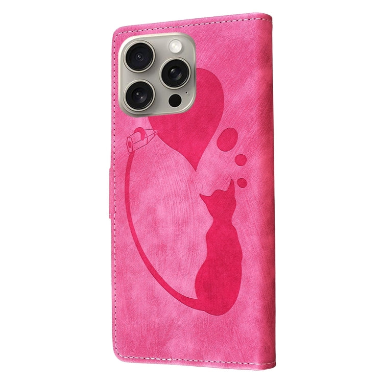 For iPhone 15 Pro Pen Heart Cat Embossed Leather Phone Case(Pink) - HoMEdemic™ 
