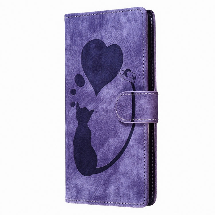 For Samsung Galaxy S24 Ultra 5G Pen Heart Cat Embossed Leather Phone Case(Purple) - HoMEdemic™ 