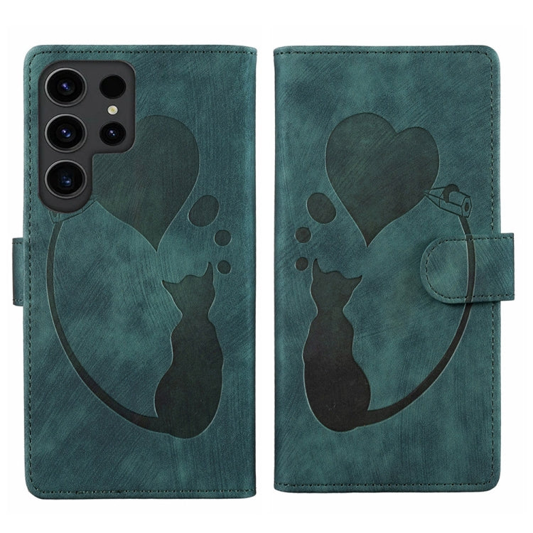 For Samsung Galaxy S24 Ultra 5G Pen Heart Cat Embossed Leather Phone Case(Green) - HoMEdemic™ 