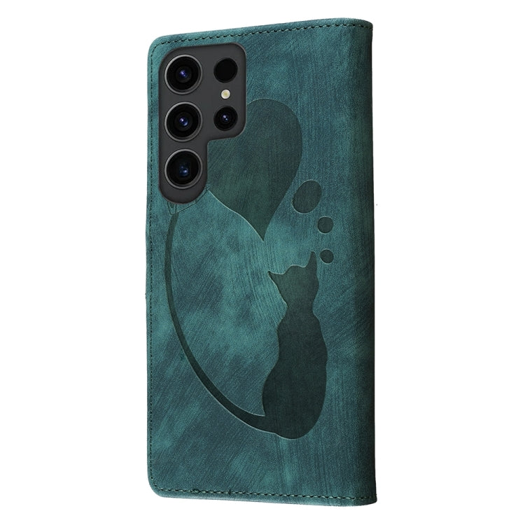 For Samsung Galaxy S24 Ultra 5G Pen Heart Cat Embossed Leather Phone Case(Green) - HoMEdemic™ 