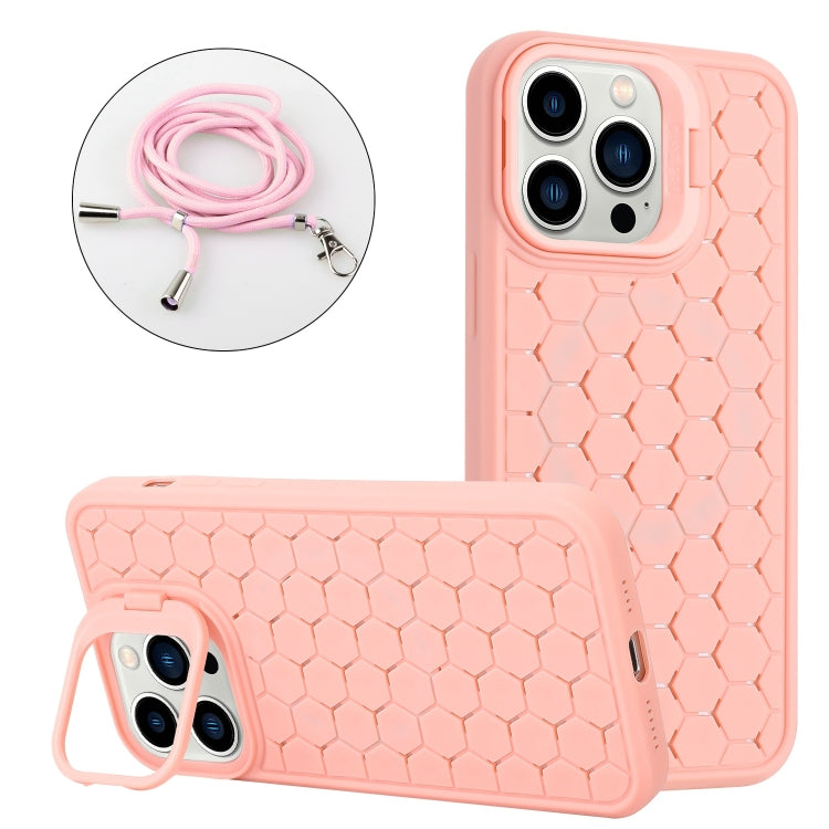 For iPhone 15 Pro Honeycomb Radiating Holder TPU Phone Case with Lanyard(Pink) - HoMEdemic™ 