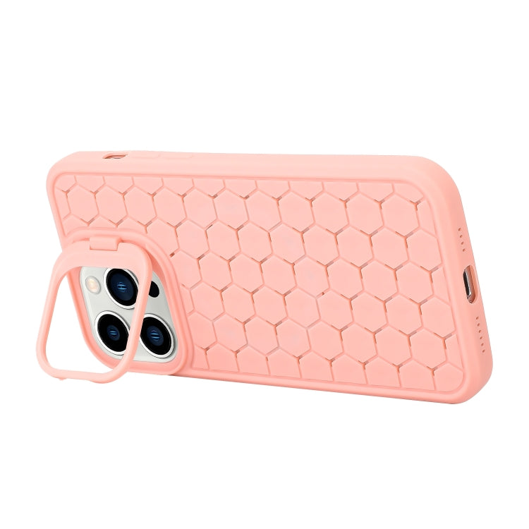 For iPhone 15 Pro Honeycomb Radiating Holder TPU Phone Case with Lanyard(Pink) - HoMEdemic™ 