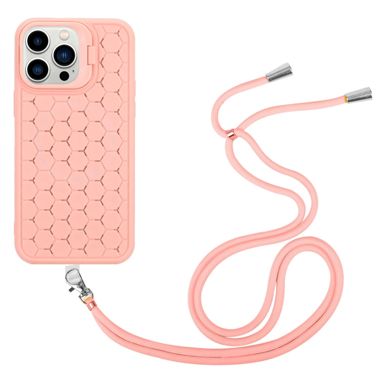 For iPhone 15 Pro Honeycomb Radiating Holder TPU Phone Case with Lanyard(Pink) - HoMEdemic™ 