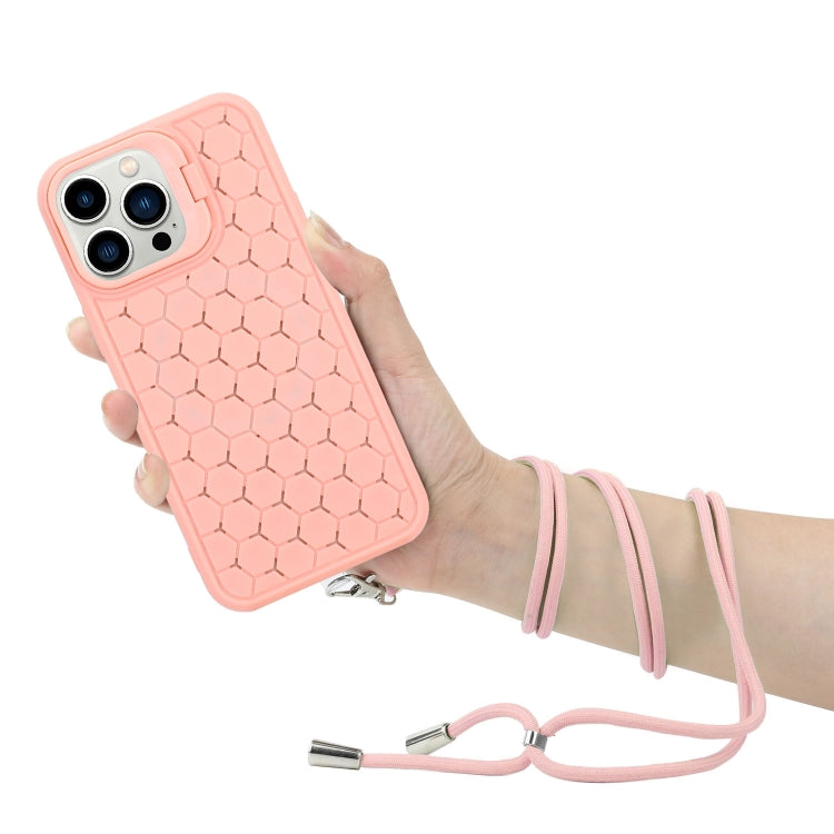 For iPhone 15 Pro Honeycomb Radiating Holder TPU Phone Case with Lanyard(Pink) - HoMEdemic™ 