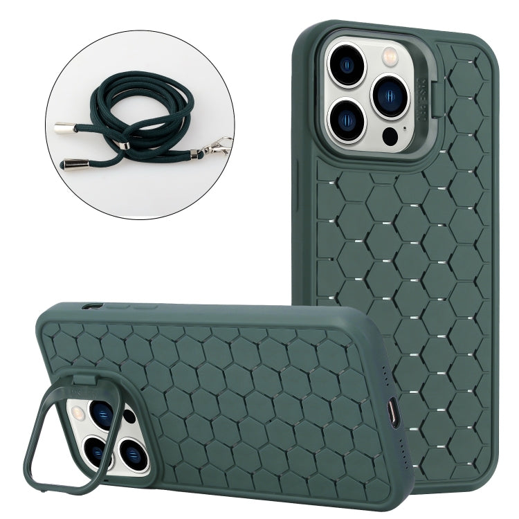 For iPhone 15 Pro Honeycomb Radiating Holder TPU Phone Case with Lanyard(Green) - HoMEdemic™ 
