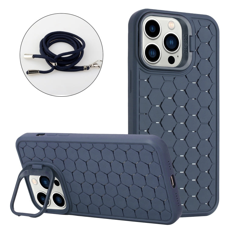 For iPhone 15 Pro Honeycomb Radiating Holder TPU Phone Case with Lanyard(Blue) - HoMEdemic™ 