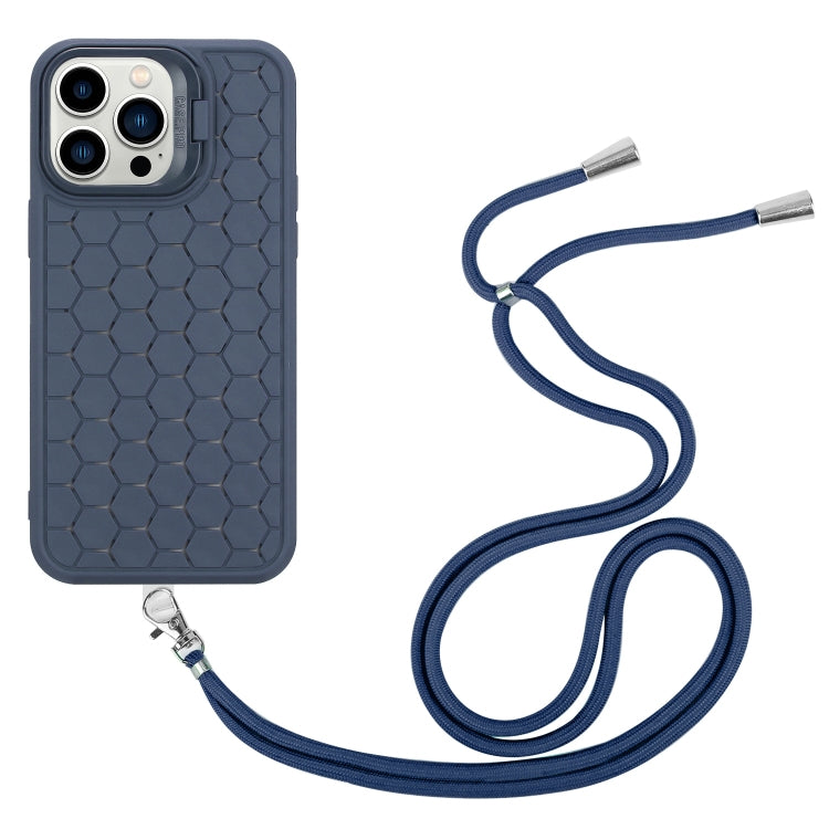 For iPhone 15 Pro Honeycomb Radiating Holder TPU Phone Case with Lanyard(Blue) - HoMEdemic™ 
