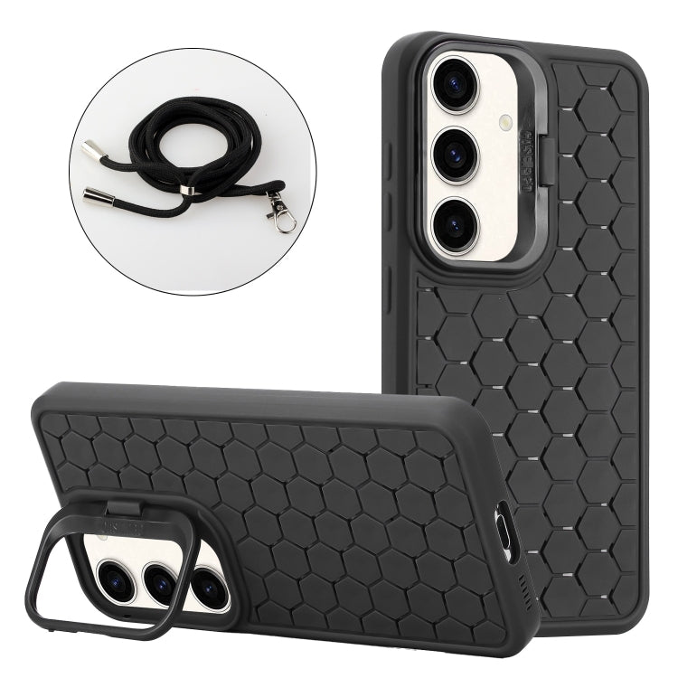 For Samsung Galaxy S24 5G Honeycomb Radiating Holder TPU Phone Case with Lanyard(Black) - HoMEdemic™ 