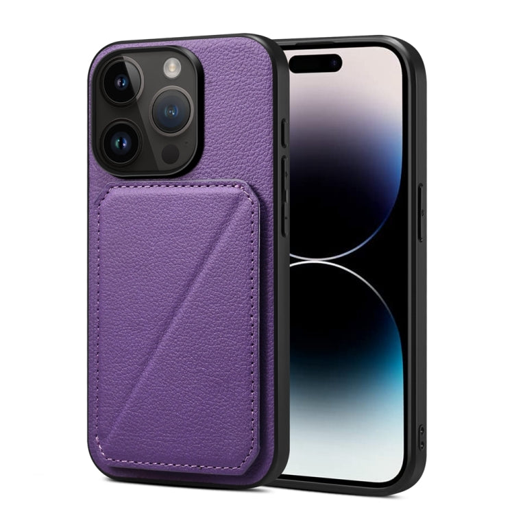 For iPhone 15 Pro D04 Calf Texture Dual Card Slot Holder Phone Case(Purple) - HoMEdemic™ 