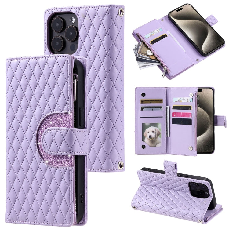 For iPhone 15 Pro Glitter Lattice Zipper Wallet Leather Phone Case(Purple) - HoMEdemic™ 
