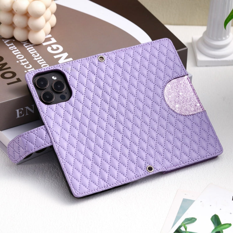 For iPhone 15 Pro Glitter Lattice Zipper Wallet Leather Phone Case(Purple) - HoMEdemic™ 