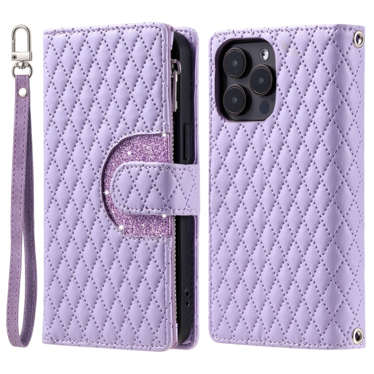 For iPhone 15 Pro Glitter Lattice Zipper Wallet Leather Phone Case(Purple) - HoMEdemic™ 