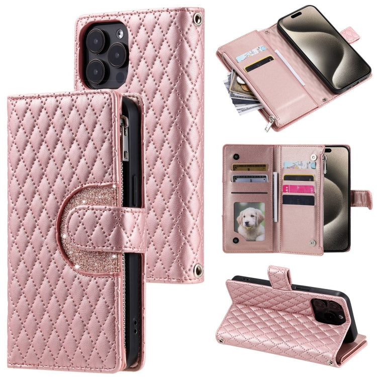 For iPhone 15 Pro Glitter Lattice Zipper Wallet Leather Phone Case(Rose Gold) - HoMEdemic™ 
