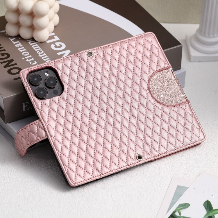For iPhone 15 Pro Glitter Lattice Zipper Wallet Leather Phone Case(Rose Gold) - HoMEdemic™ 