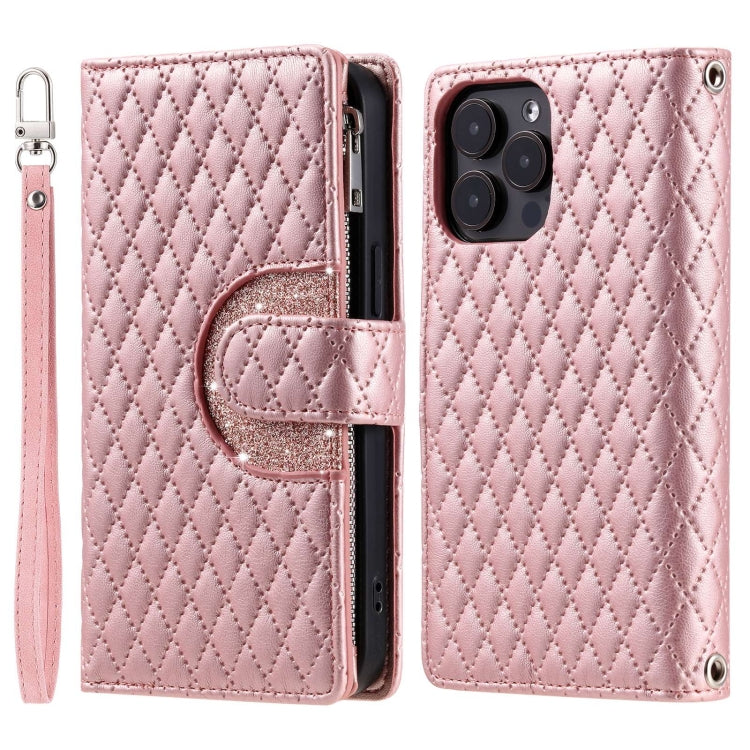 For iPhone 15 Pro Glitter Lattice Zipper Wallet Leather Phone Case(Rose Gold) - HoMEdemic™ 