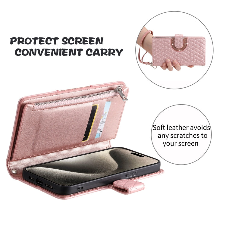 For iPhone 15 Pro Glitter Lattice Zipper Wallet Leather Phone Case(Rose Gold) - HoMEdemic™ 