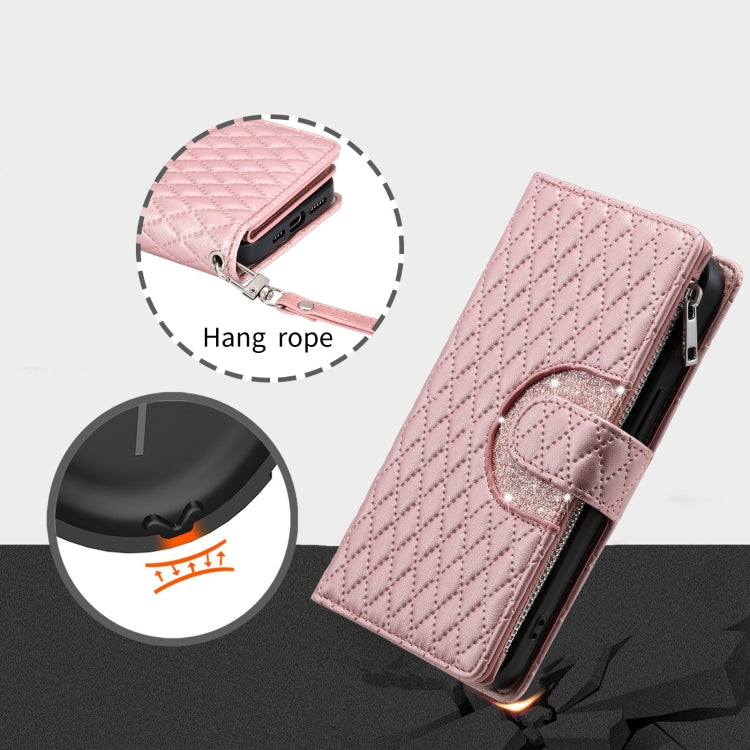 For iPhone 15 Pro Glitter Lattice Zipper Wallet Leather Phone Case(Rose Gold) - HoMEdemic™ 