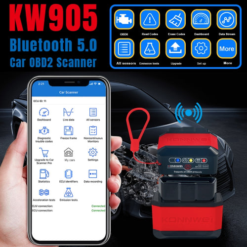 KONNWEI KW905 Bluetooth 5.0 Car OBD2 Scanner Support Android & iOS(Black Red) - HoMEdemic™ 