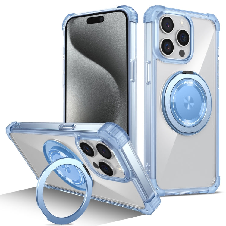 For iPhone 15 Pro Gold Shield CD Pattern MagSafe Magnetic Phone Case with Rotating Stand(Transparent Blue) - HoMEdemic™ 