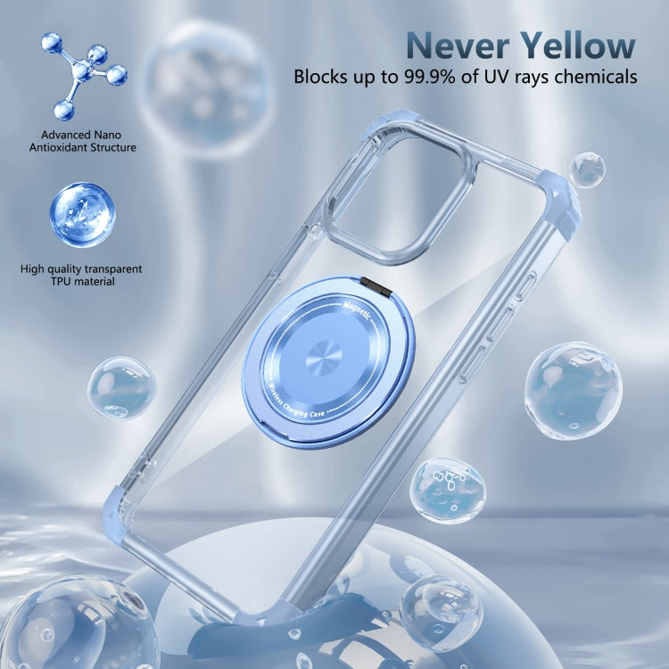 For iPhone 15 Pro Gold Shield CD Pattern MagSafe Magnetic Phone Case with Rotating Stand(Transparent Blue) - HoMEdemic™ 