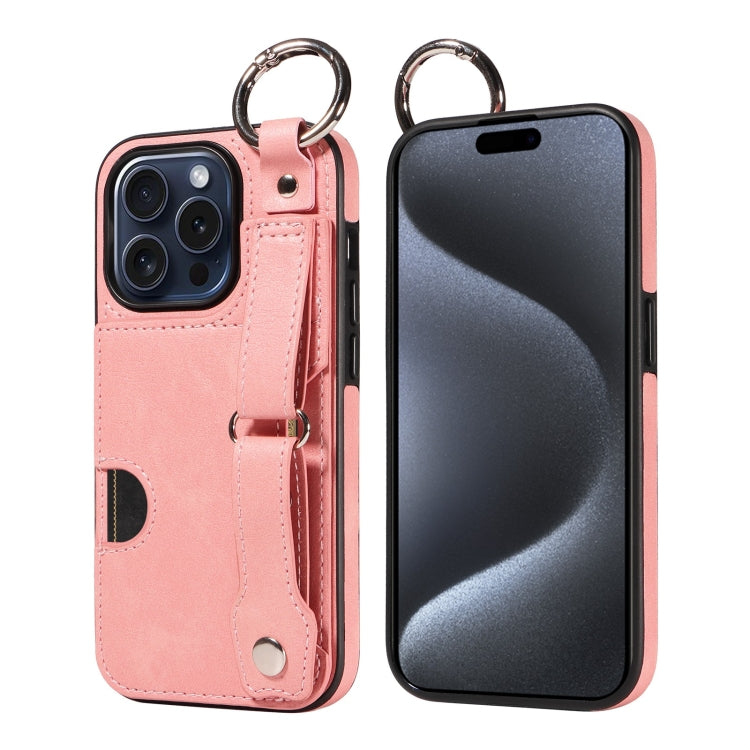 For iPhone 15 Pro Calf Texture Wrist Card Slot Ring Phone Case(Pink) - HoMEdemic™ 