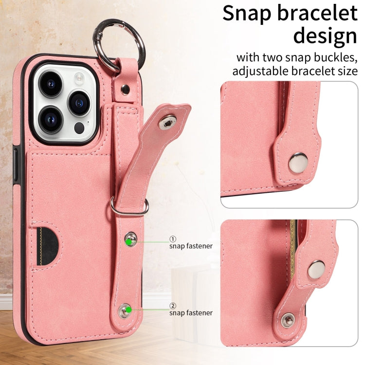 For iPhone 15 Pro Calf Texture Wrist Card Slot Ring Phone Case(Pink) - HoMEdemic™ 