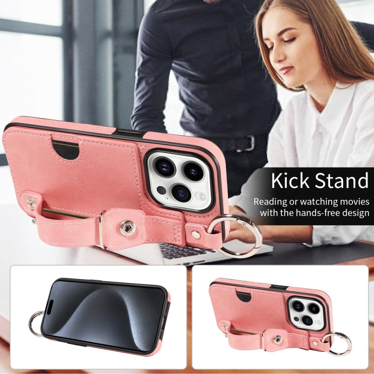 For iPhone 15 Pro Calf Texture Wrist Card Slot Ring Phone Case(Pink) - HoMEdemic™ 